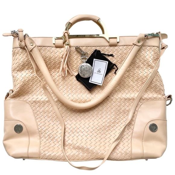 Joy Mangano Handbags - 𝅺JOY Mangano Woven Leather Peach Tote With Signature Silver Pocket Watch NEW